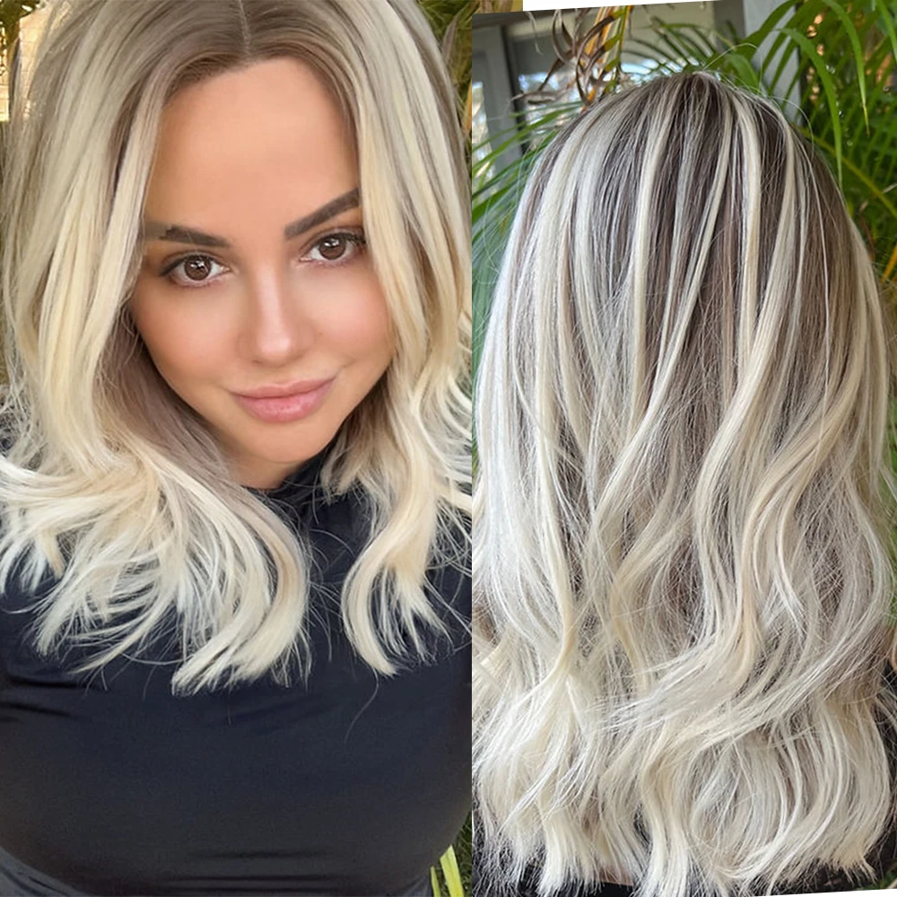 Light Blonde Balayage Synthetic Wigs 14" Wavy Humam Hair Blend Light Brown Root Beautiful Heat Friendly Fibres Lace Front wigs lace frontal wig synthetic blend wigs