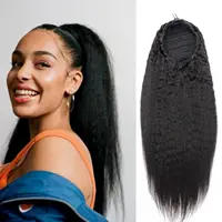 Queue de cheval lisse et bouclée en cheveux humains, extension 100 % naturelle à enrouler avec cordon de serrage, noir naturel # 1B Pour femmes 1