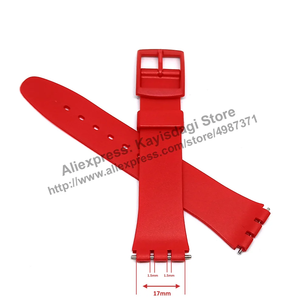 

17mm Red Rubber/Silicone Replacement Watch Band Strap with pins Comp. for Swatch Gent