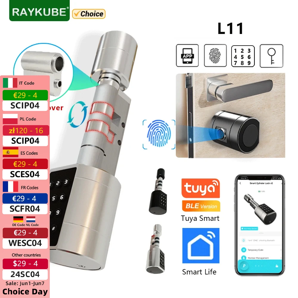 

RAYKUBE L11 Tuya BEL Fingerprint Cylinder Electronic Door Lock With Adjustable Cylinder Length Password/Key/Tuya APP Unlok
