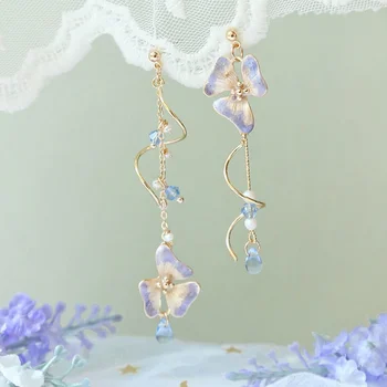 New Korean Flower Asymmetrical Dangle Earrings for Women Long Tassel Butterfly Imitation Pearl Cat Drop Earring Party Jewelry