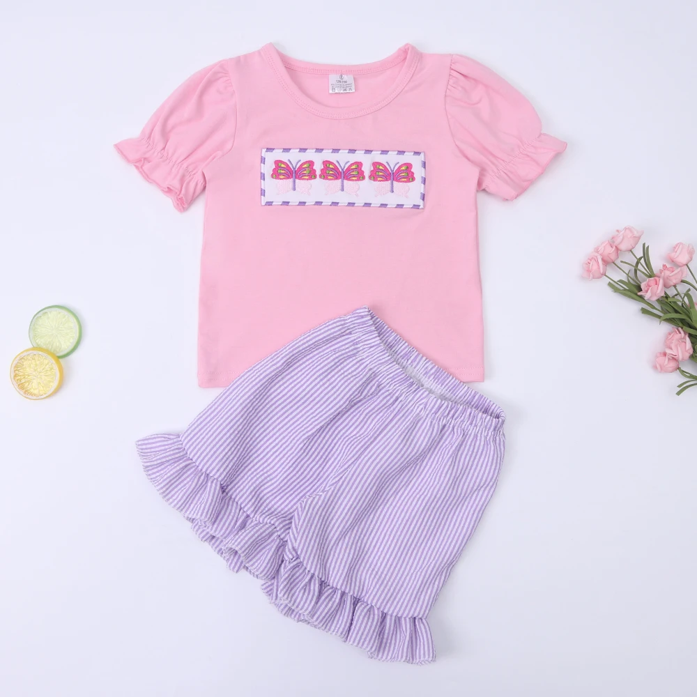 

2023 0-8 Years Old Baby Girl Clothes Small Fresh Round T-Shirt Summer Pink Butterfly Embroidery Elastic Pants Two-Piece Set