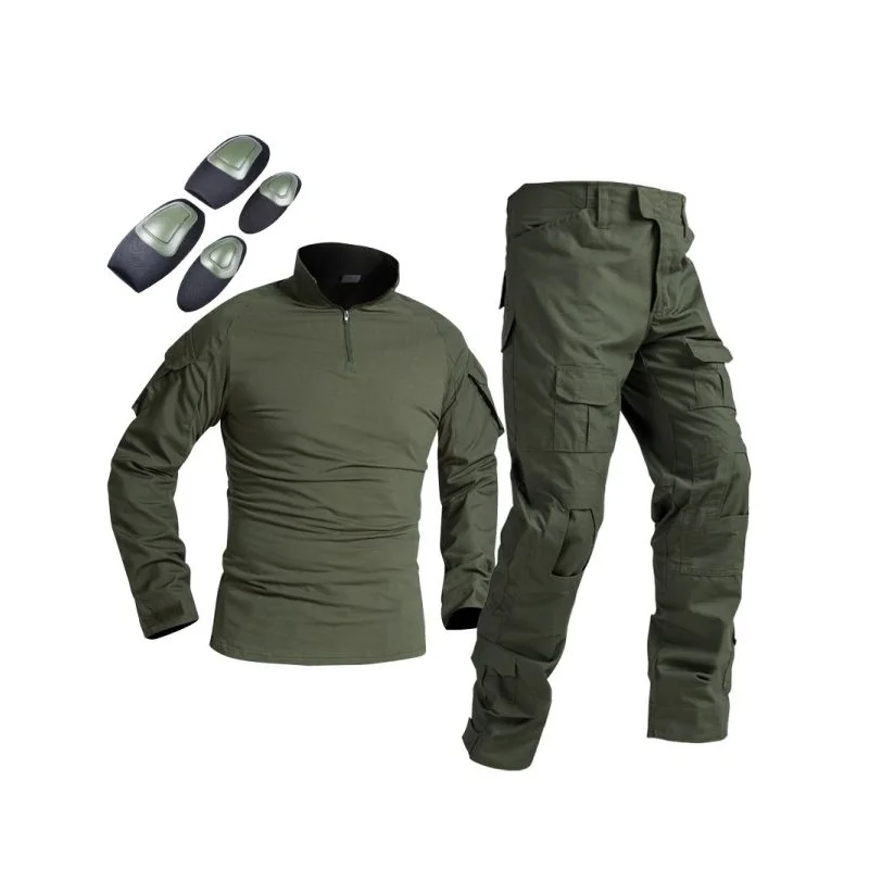 Black Suit Army Green Men's Set LS Khaki Plain Tactical Clothing Tactical Suit Shirt Elbow Pads Tactical Pants Knee Pads