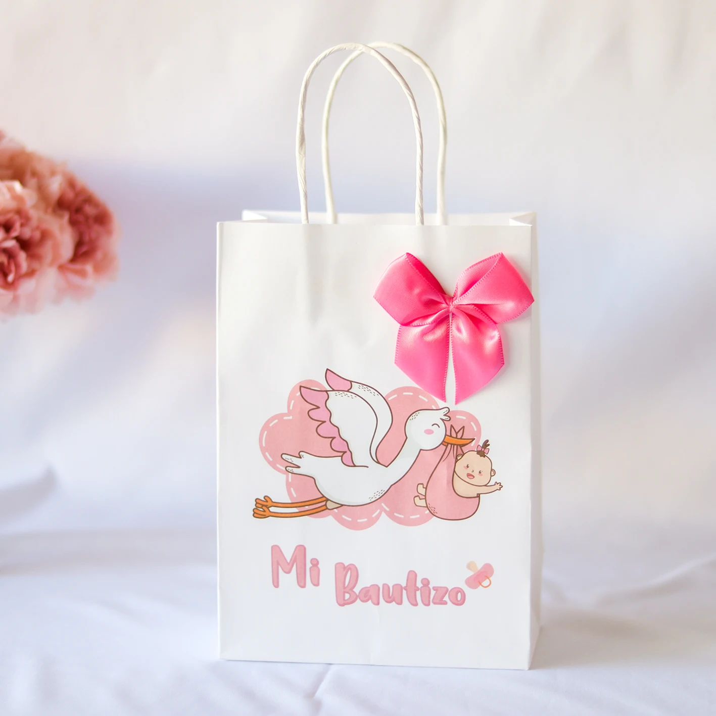 12 White Organza Favor Bags With Bow For Baptism/Christening - 4x5 Inches Decorated