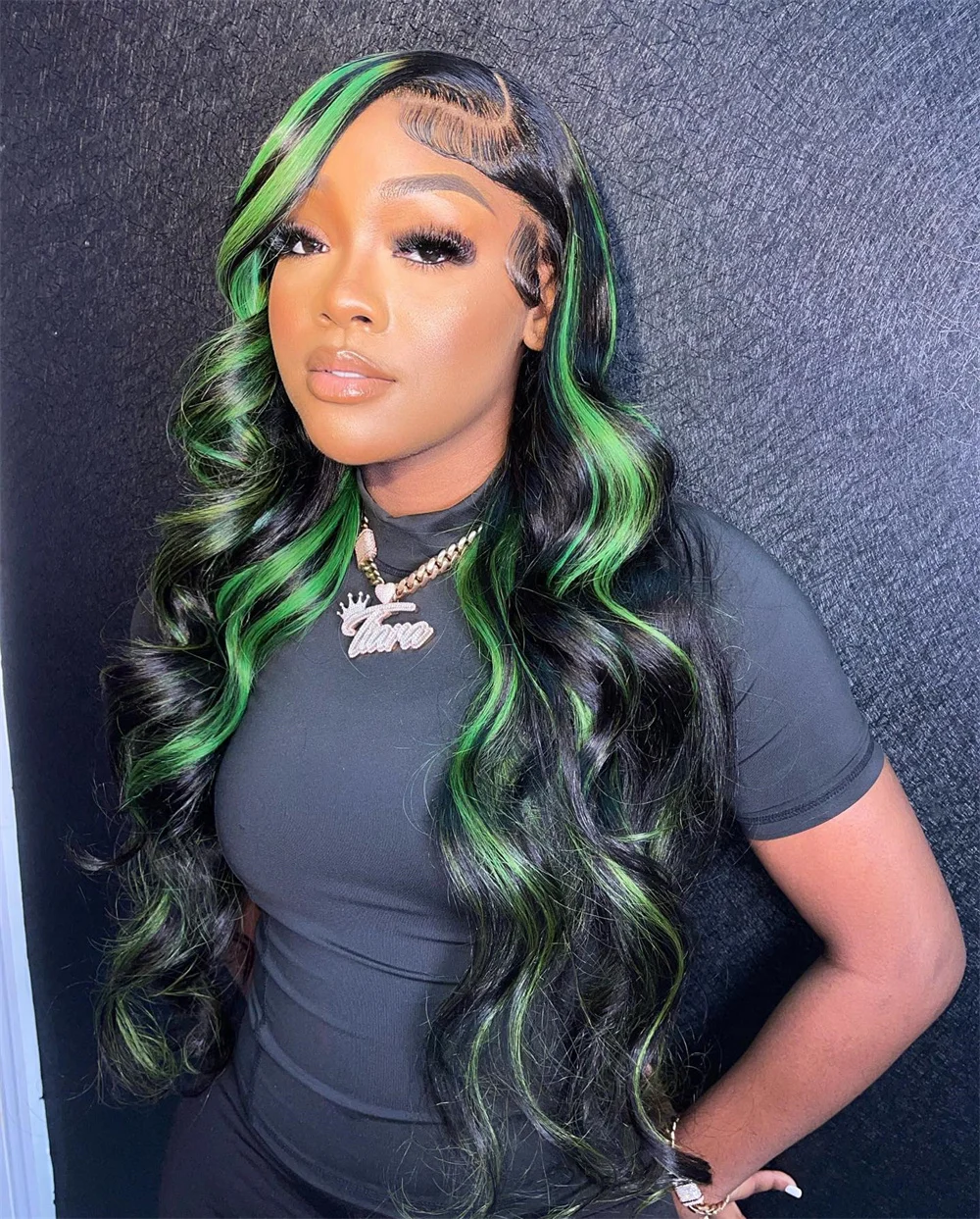 Highlight  Black With Green 13x6 Transparent Lace Frontal Wigs Human Hair Wig For Women Brazilian  Hair Glueless Full Lace Wigs