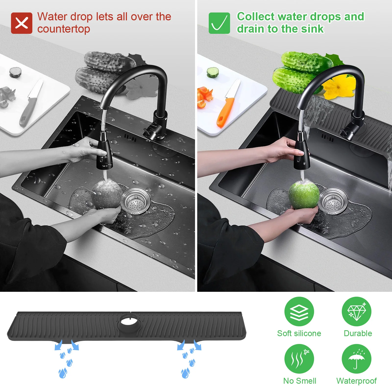 82cm Silicone Sink Faucet for Kitchen Bathroom Bar Kitchen Sink Splash Guard 32 in Super Absorbent Rubber Drying Pad Black/Grey