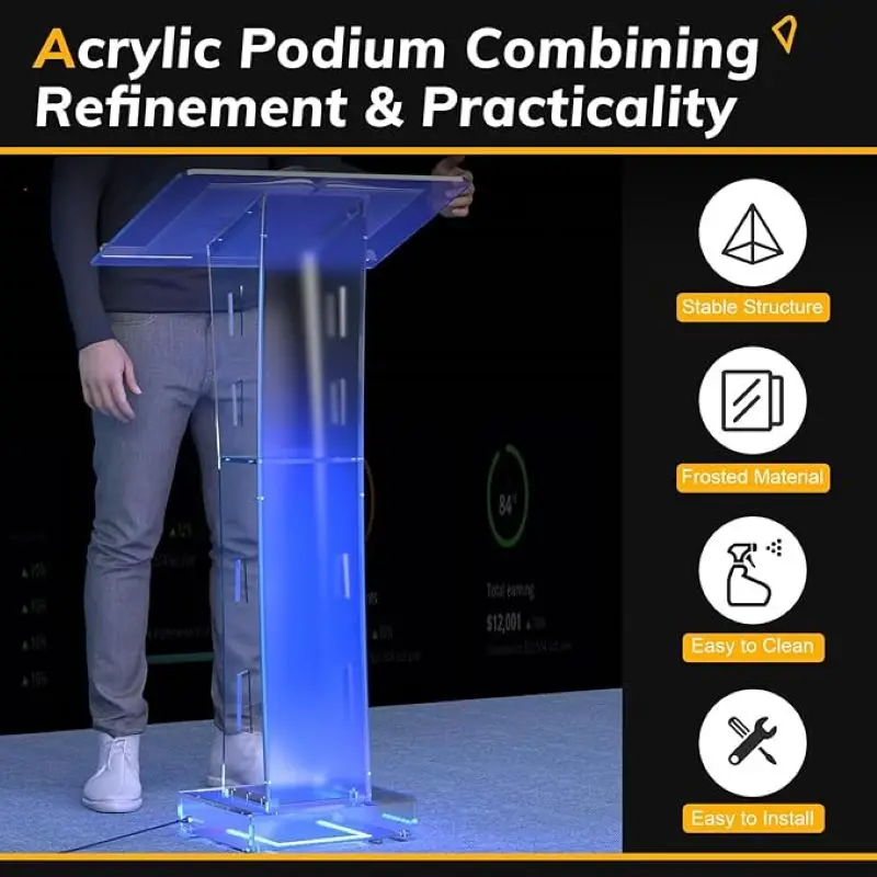Lighted Podium for Church, Chapel, Pulpit Podium Lectern Clear Acrylic Reception Desk for Church, Wedding, School (LED