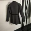 2025 Autumn Winter New Double Breasted Belt Waist Lapel Long Sleeve Blazer with Belt Gray Black 1