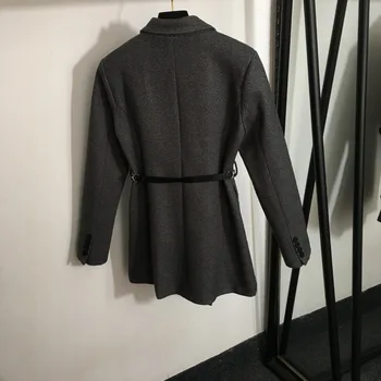 2025 Autumn Winter New Double Breasted Belt Waist Lapel Long Sleeve Blazer with Belt Gray Black 1