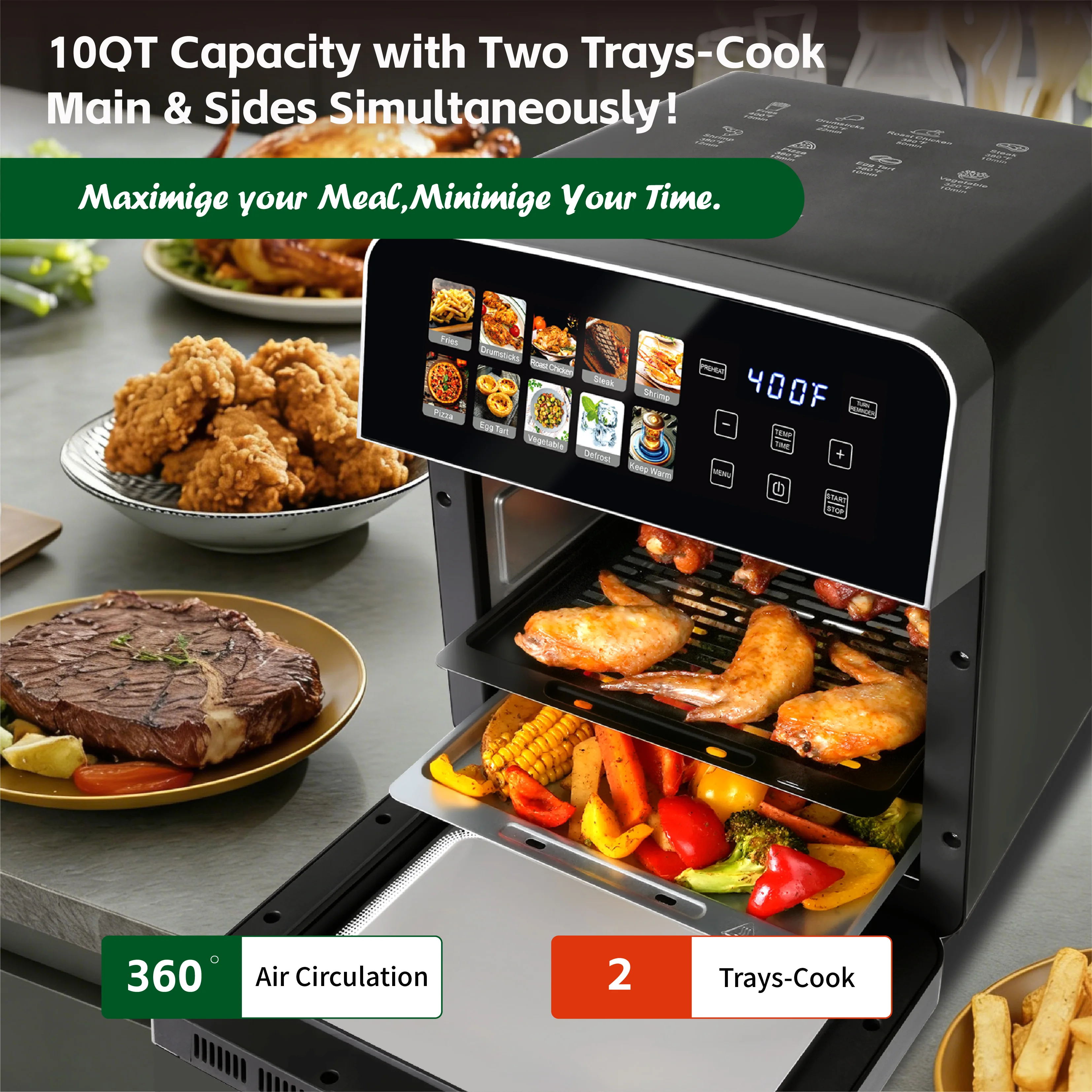 10QT Air Fryer Toaster Oven Combo with 10 Presets, Family Size Compact Oven for Roasting Whole Chicken/Double Cooking Easy Clean 3