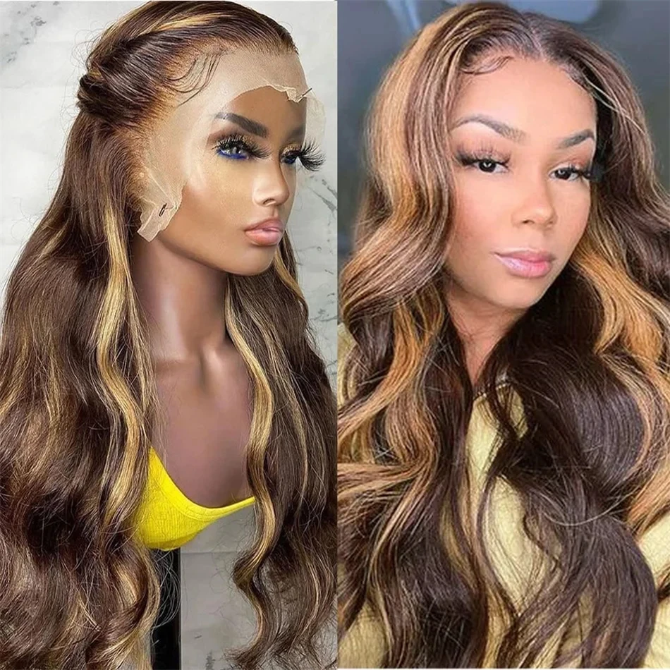 

13x4 13x6 Highlight Brown Colored Lace Front Human Hair Wigs For Women Body Wave Glueless Honey Blonde 360 Full Lace Frontal Wig