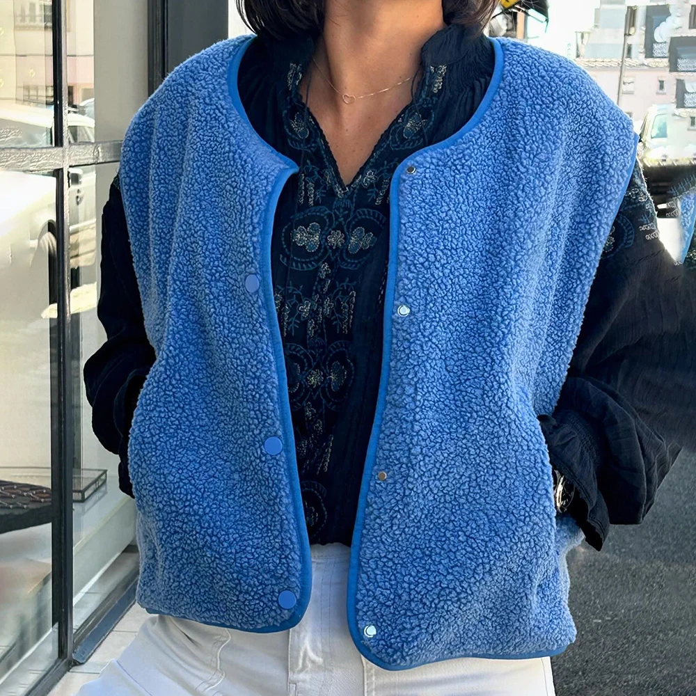 Women Jacket Lamb Single Breasted Vests Casual Pocket Sleeveless Solid Round Neck Button Up