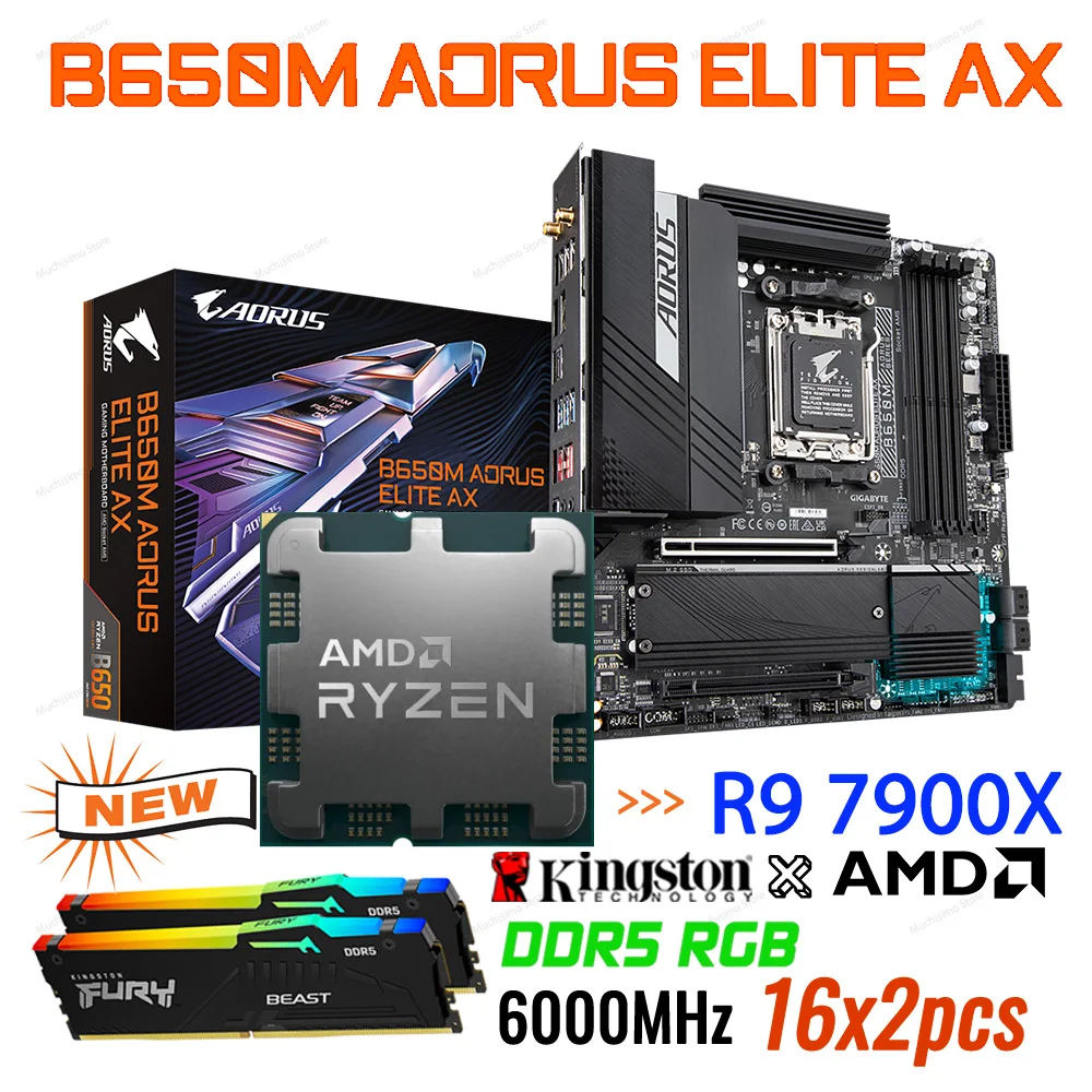 

New B650 Mainboard GIGABYTE B650M AORUS ELITE AX DDR5 Motherboard AMD RYZEN 9 7900X CPU KINGSTON RGB 6000MHz 32GB Meomory Combo