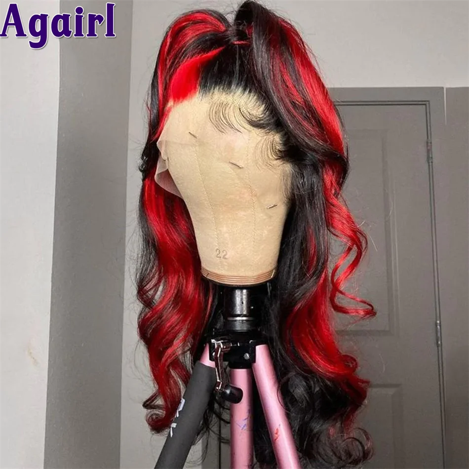 Highlight Red And Black Split Human Hair Wigs With Red Streaks 13X6 Lace Frontal Wig 180% Density 13X4 Lace Front Body Wave Wigs