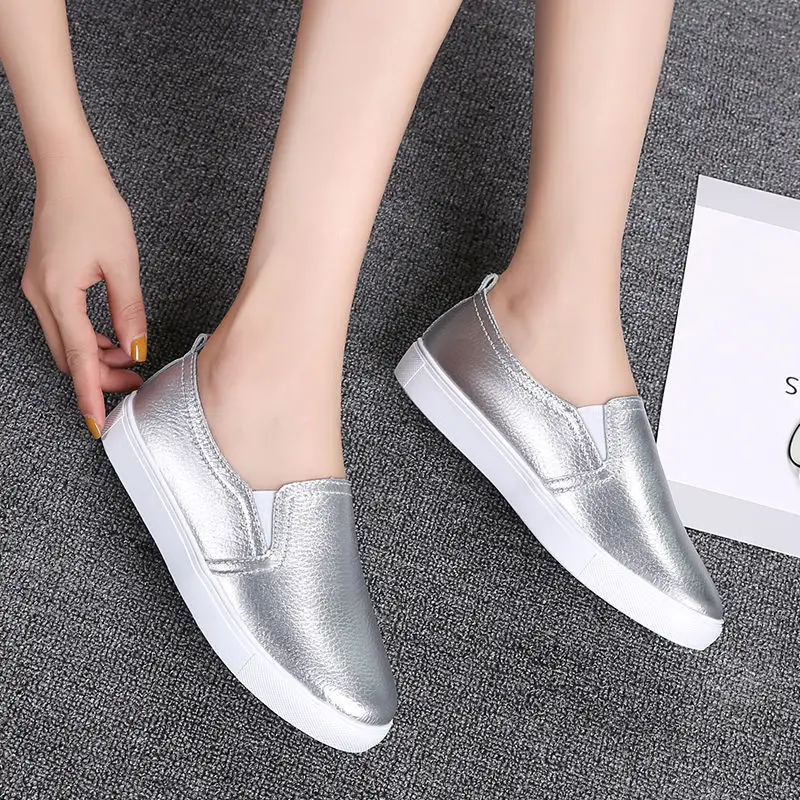 Spring Summer Silver Flats Hollow Out Women's White Loafer Split Leather Boat Shoes Comfy Ladies Best Flats For Standing All Day