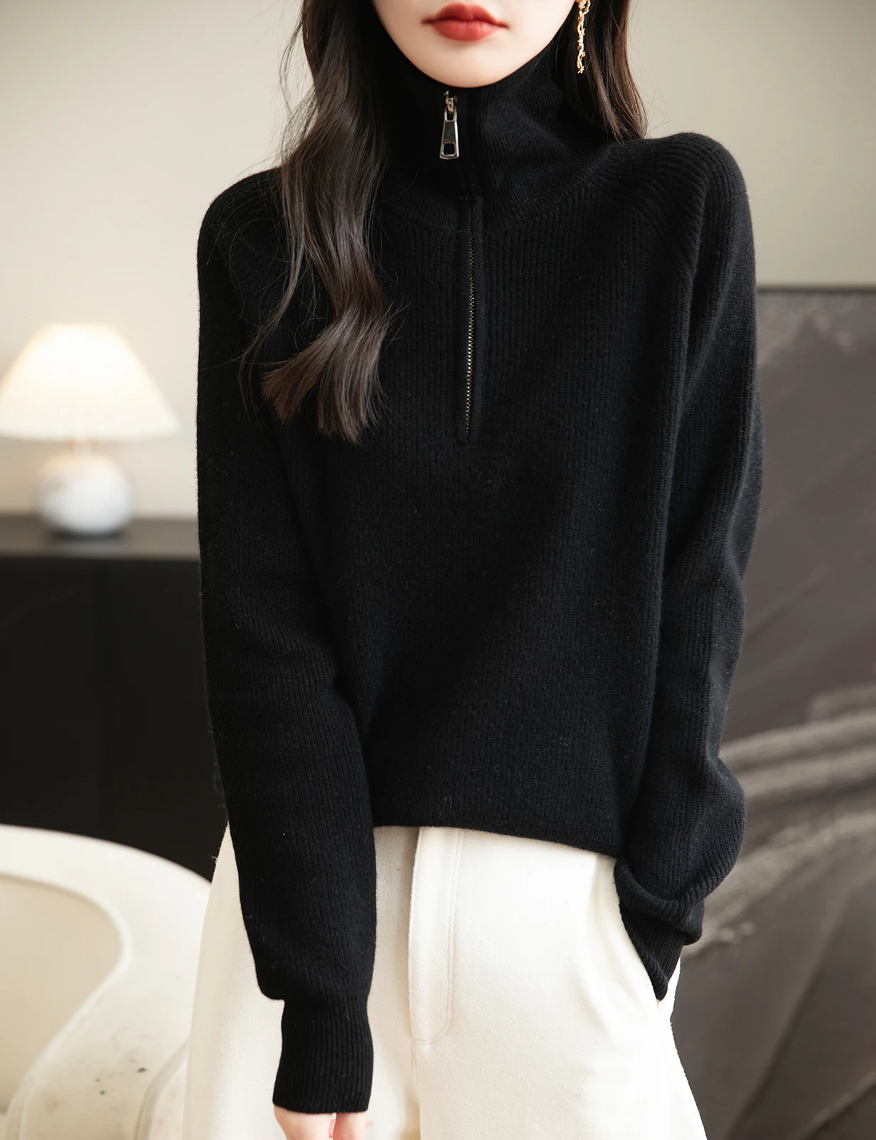 Turtleneck Wool Women's Sweater 100% Merino Wool Fall Winter Zip Pullover Casual Long Sleeve Knitted Sweater Top Female Clothing