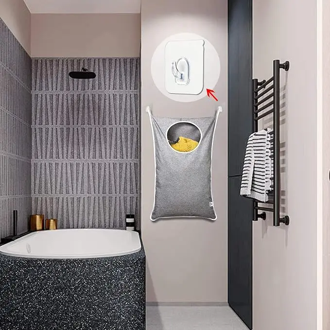 Hanging Laundry Hamper Bag with Adjustable Stainless Steel Door Hooks, 2-Pack Suction Cup Hooks, Ideal for Holding Dirty Clothes 2