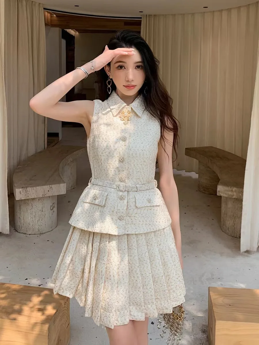 

Elegant High Quality Dress 2024 For Women Sequins Sleeveless Plaid V-neck Lace-up Solid Mini Holiday Party Club Summer