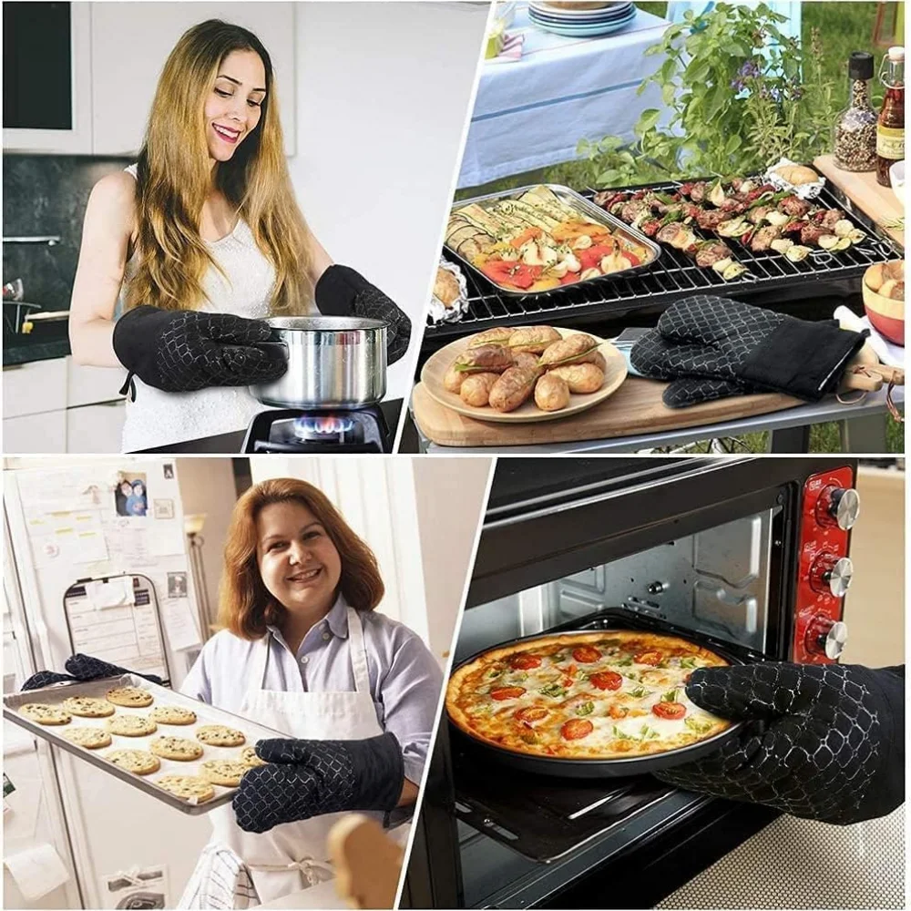4-piece set of oven gloves and pan pads, 500Â°F kitchen heat insulation gloves, anti-slip silicone striped oven gloves, heat-resi