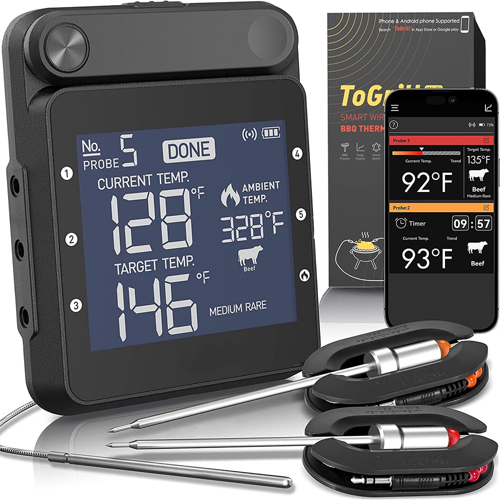 WiFi Grill Meat Thermometer Smoker BBQ Rechargeable APP Remote Oven  Temperature 