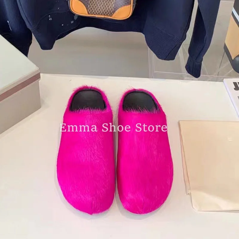 Roman Platform Thick Soled Round Toe Genuine Leather Slippers for Women Horse Hair Half Slippers Casual Flat Shoes Outer Wear 2