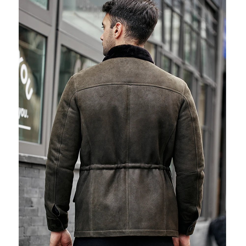 Denny&Dora Mens Shearling Jacket Lapel Collar Leather Jacket Green