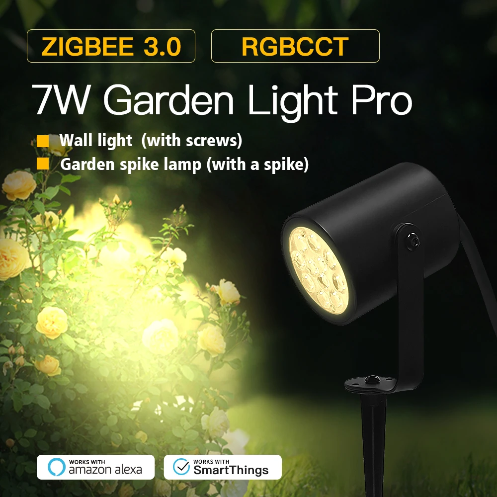 GLEDOPTO Zigbee 3.0 Smart New Garden Spike Lamp 7W LED Wall Light Knuckle Mount For Grassplot Exterior Roof Lawn Courtyard Party miboxer 4w 6w gu10 led spotlight dimmable rgb cct light bulb zigbee 3 0 remote app voice control smart lamp ac 110 220v 50 60hz