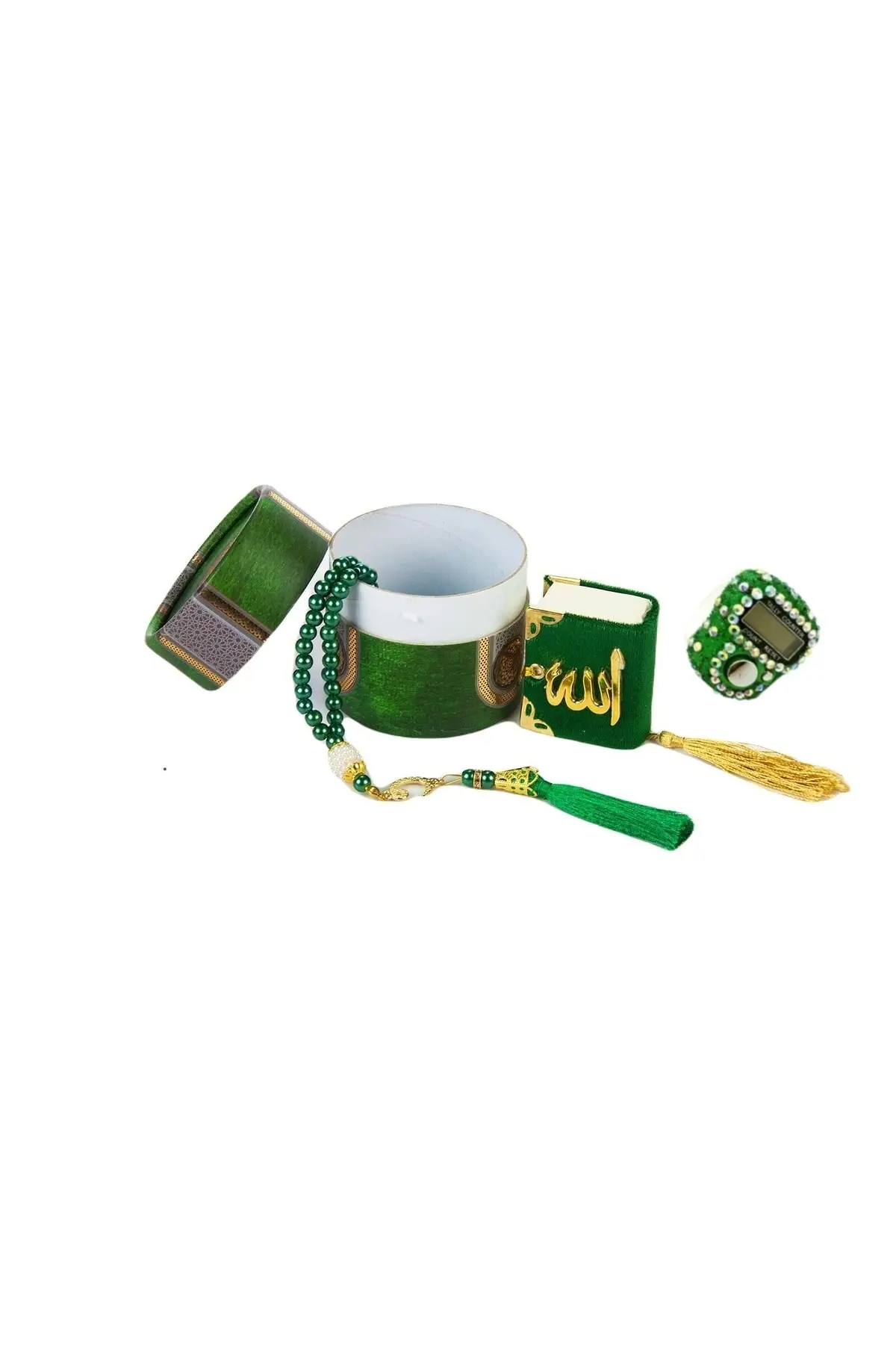 Mini Cylinder Box Mevlit Gift Set Green (mini Quran with Pearl Rosary 99 stone Zikirmak)