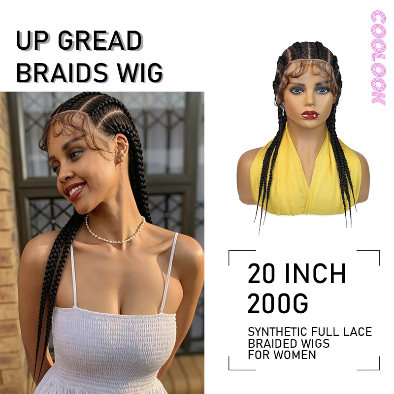 6 Feed-in Straight-Back Cornrow Braids Wig 20Inch Synthetic Full Lace Handmade Braiding Hair with Baby Hair for Black Women 2