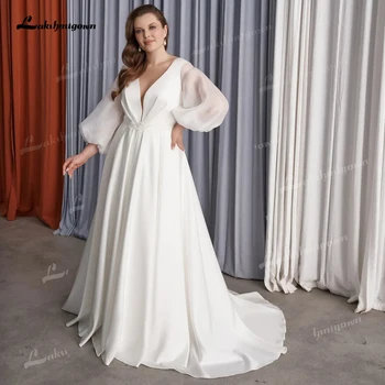 Simple Plus Size V-Neck Wedding Dress Long Sleeve Wedding Gown Satin Bridal Gown robe de mariée Customized 1