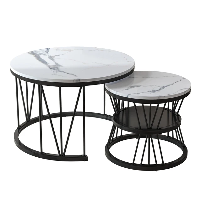 Ensemble de 2 tables basses rondes Superaly, table d'appoint empilable avec cadre en métal noir en forme de V et motif marbré, table de canapé moderne 1
