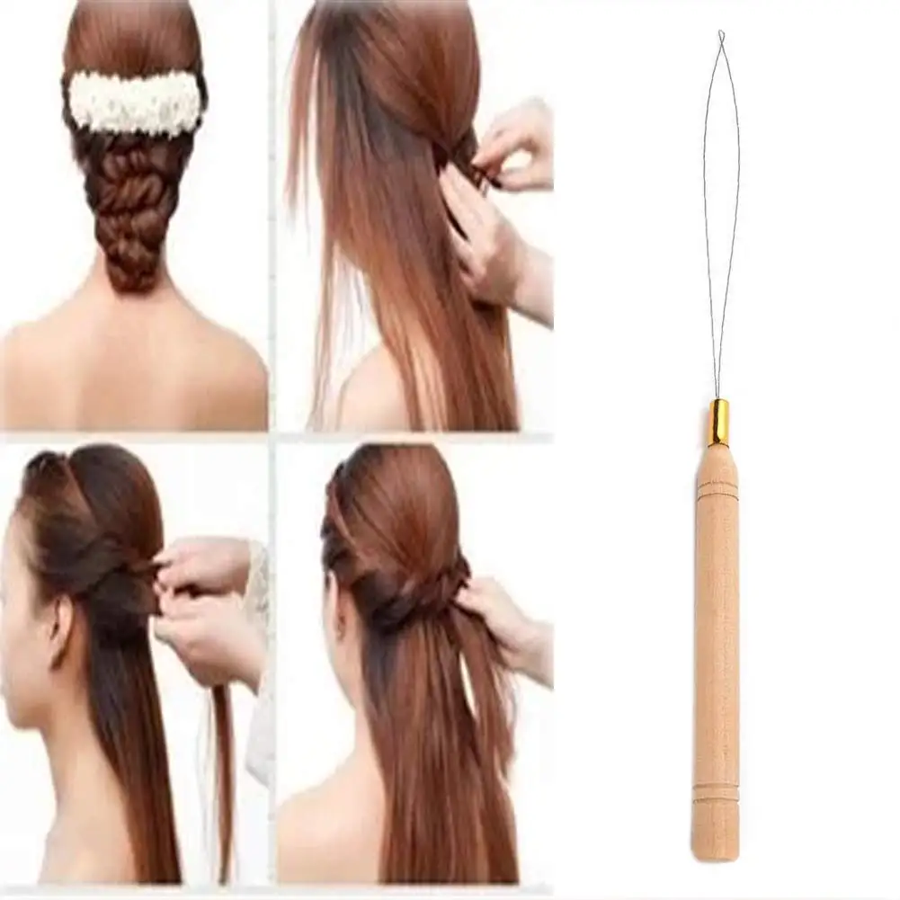 Hair Extension Tool 3pcs Hair Extension Loop Needle Threader Pulling Hook Tool Bead Device Tool Hair or Feather Extensions-Wooden and Stai