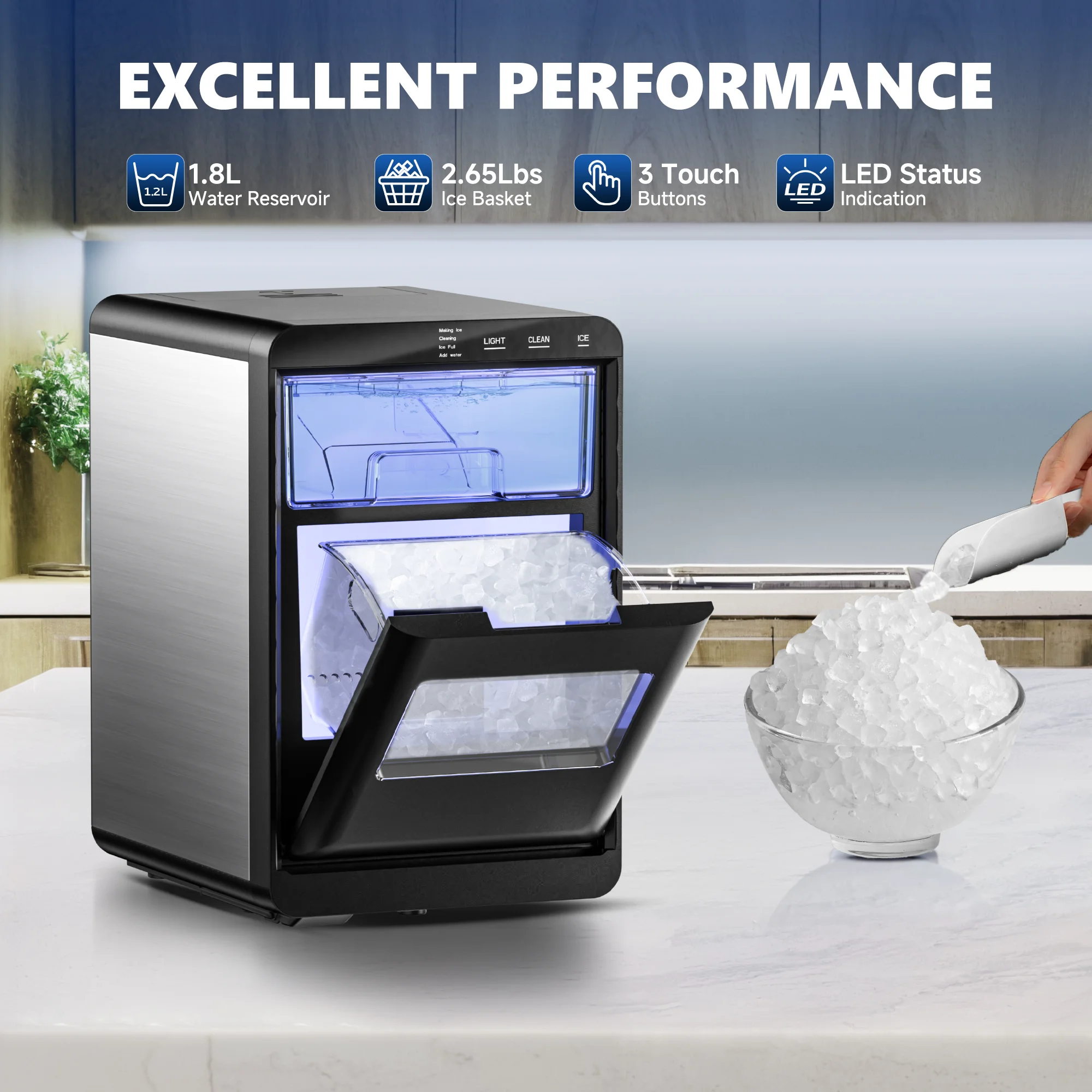 SIMZLIFE Nugget Ice Maker Countertop,43bs/24H,Self-Cleaning Pellet Ice Machine with Ice Scoop&Basket for Home/Kitchen/Party 3