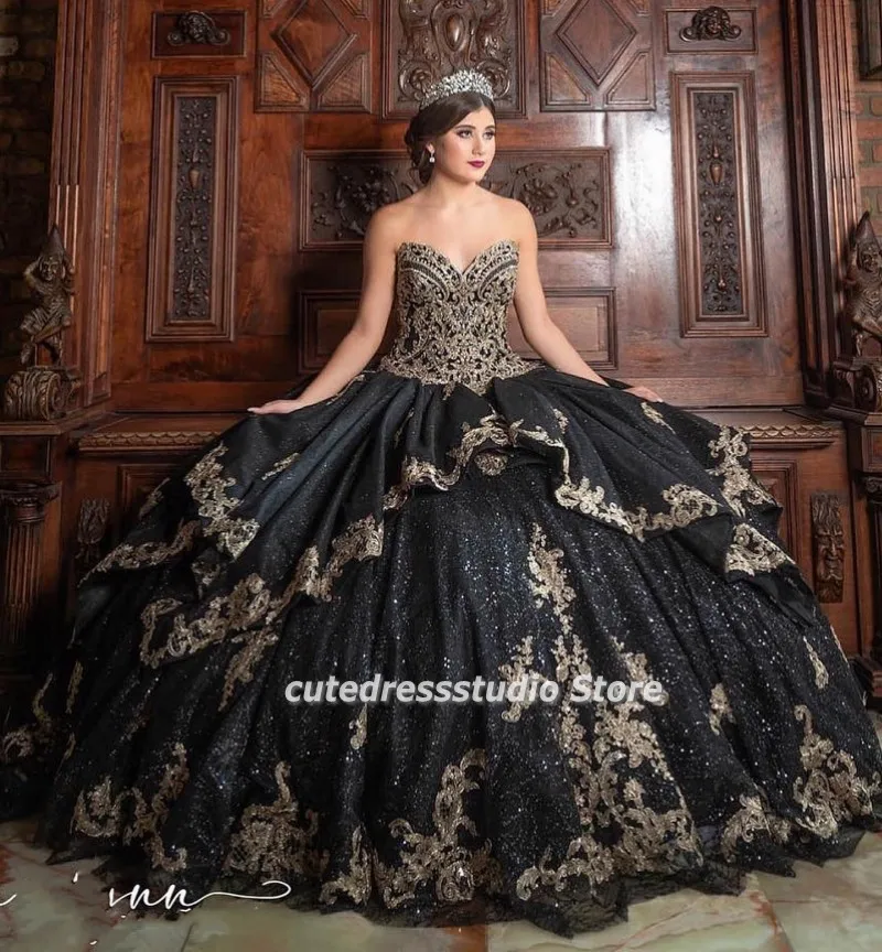 

Stunning Black Quinceanera Dresses 2022 Sequin Lace Applqiue Sweetheart vestidos de XV años Sweet 16 Pageant Gowns