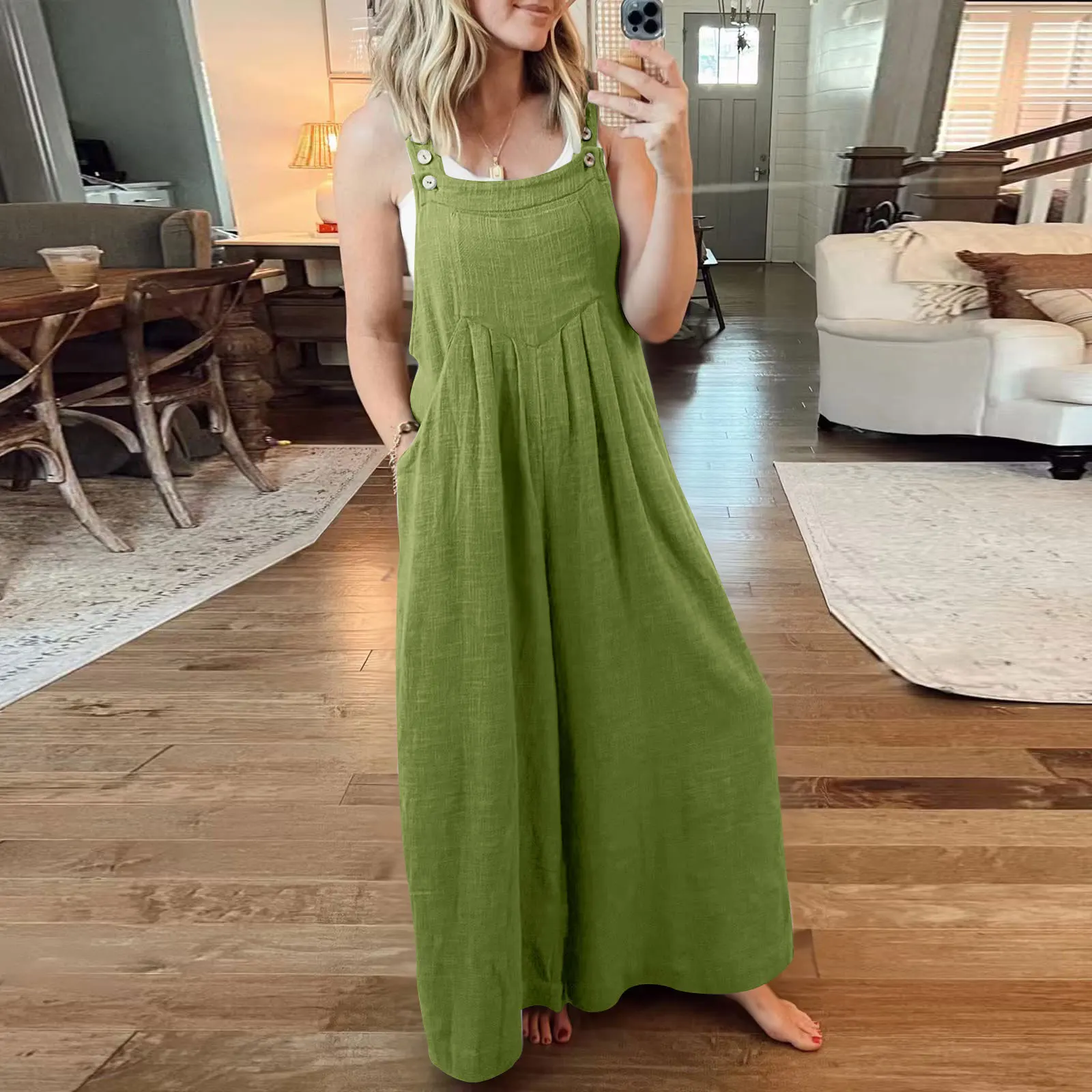 Cotton Linen Ladies Bib Pant Suspender Trouser Loose Casual Female Women One-Piece Wide Leg Romper Overalls Jumpsuit Streetwear 4