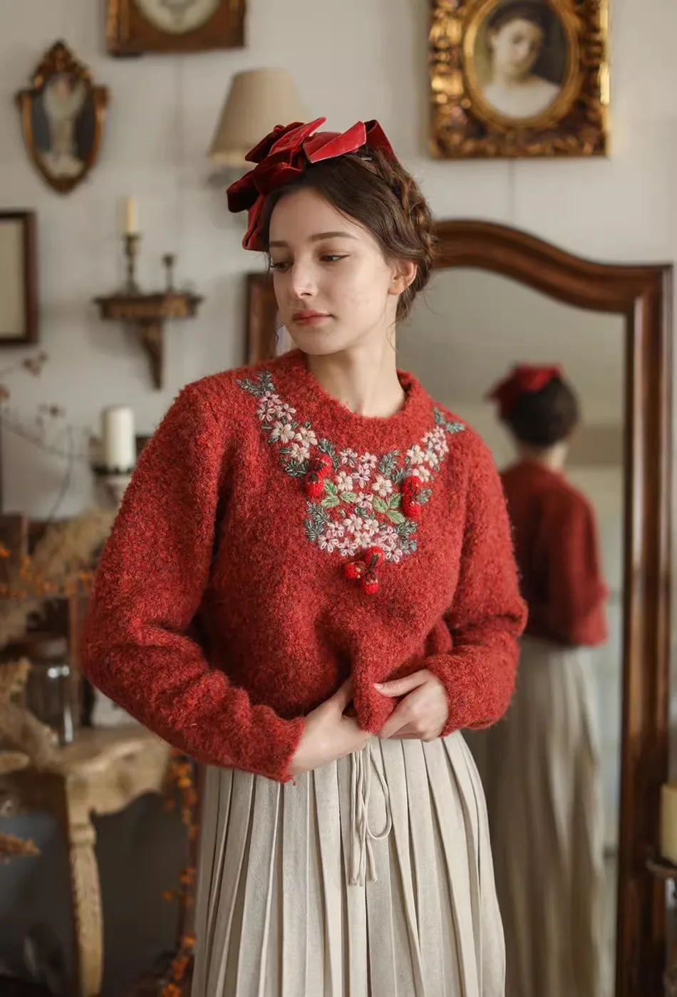 

106cm Bust Autumn Spring Women Mori Kei Mori Girl Fashion Loose Floral Embroidered Soft Wool Pullover Sweaters