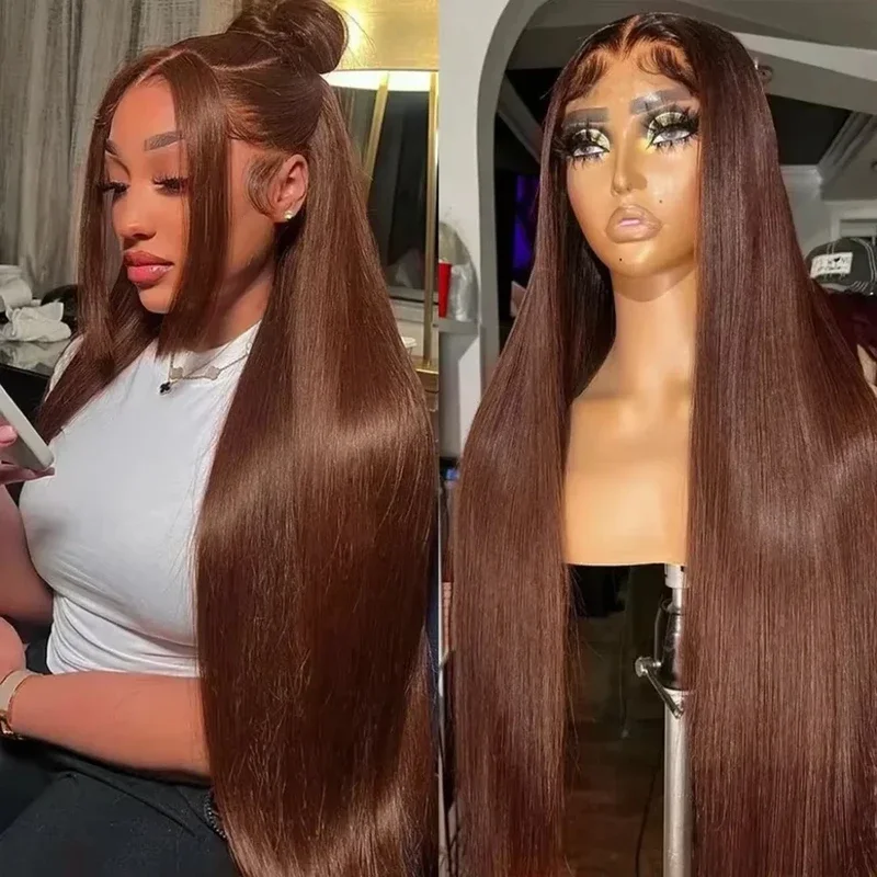 13x4 HD Chocolate Brown Bone Straight Lace Front Wig 32 Inch Lace Frontal Wig Human Hair Pre Plucked #4 Colored Human Hair Wig 1