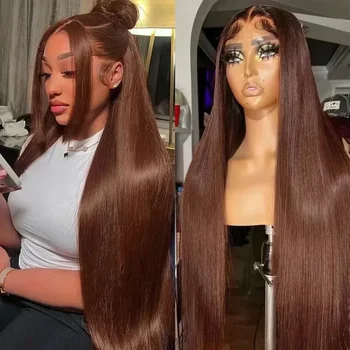 13x4 HD Chocolate Brown Bone Straight Lace Front Wig 32 Inch Lace Frontal Wig Human Hair Pre Plucked #4 Colored Human Hair Wig 1