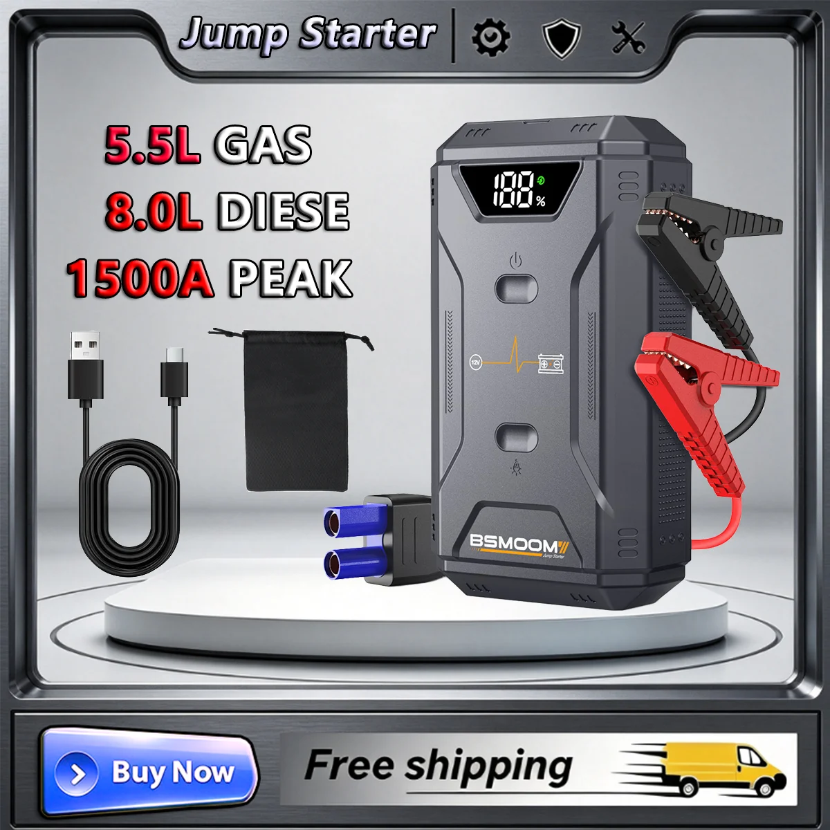 Démarreur de voiture 1500A, alimentation portable 12V, démarreur de batterie de voiture, démarreur de batterie de voiture portable, équipé d'un câble de démarrage intelligent et sécurisé, comprend un éclairage LED et des fonctions de protection de sécurité 1