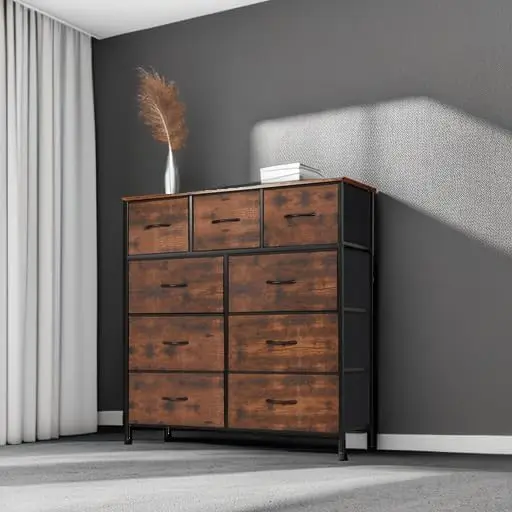 9-Drawer Dresser, Fabric Bins, Sturdy Metal Frame & Wood Tabletop, Ideal for Bedroom, Closet, or Nursery Storage. 2