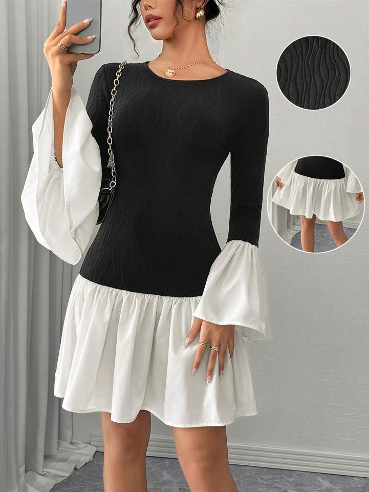 Sexy and fashionable knitted woven spliced ​​tight big lotus leaf cuff hem texture autumn and winter ladies' women's dress