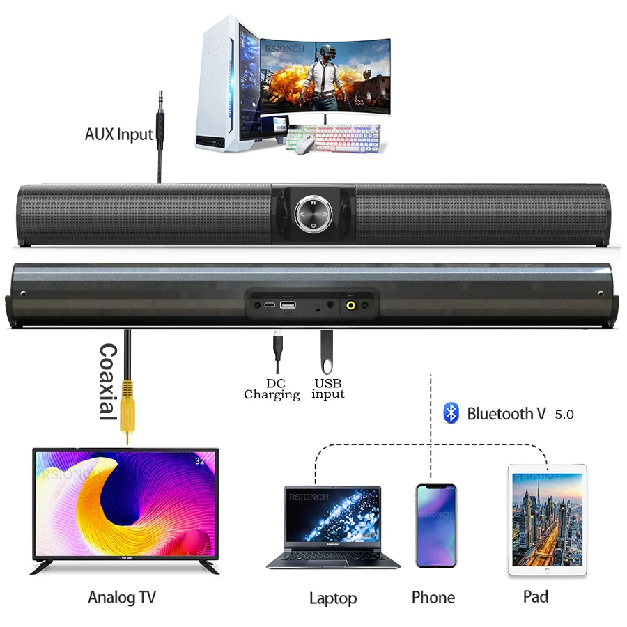 Rsionch Column Sound Bar Speaker Wireless Bluetooth TV Soundbar Knob Tuning Volume FM Radio Speakers for Smartphone PC Laptop
