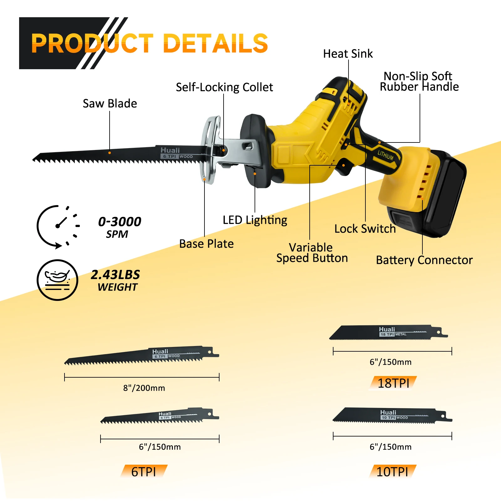 Electric Reciprocating Saw 0-3000SPM Cordless Saber Saw Woods Metal Plastic Cutt
