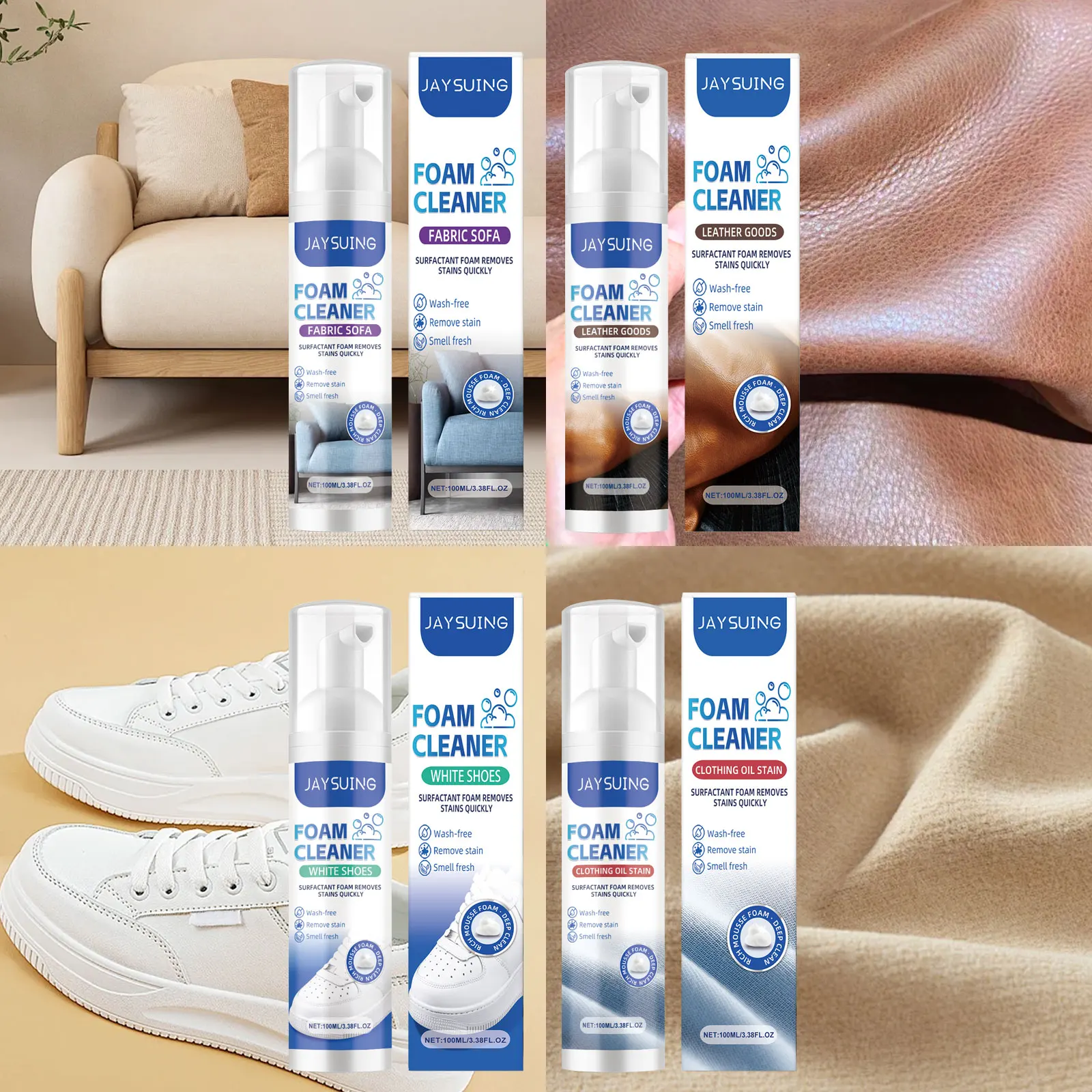 Jaysuing 100ml Foam Cleaning Spray Leather Clothing White Shoes Sofa Stubborn Dirt Stain Remove Dry Cleaning No Wash Freshing