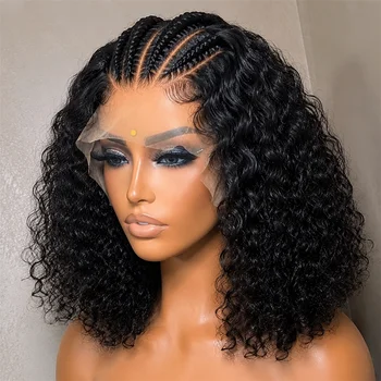 Parrucca riccia in capelli umani 13x4 con pizzo frontale, mezza cornrows e mezza onda, pre-strappata e pre-intrecciata, per donne nere