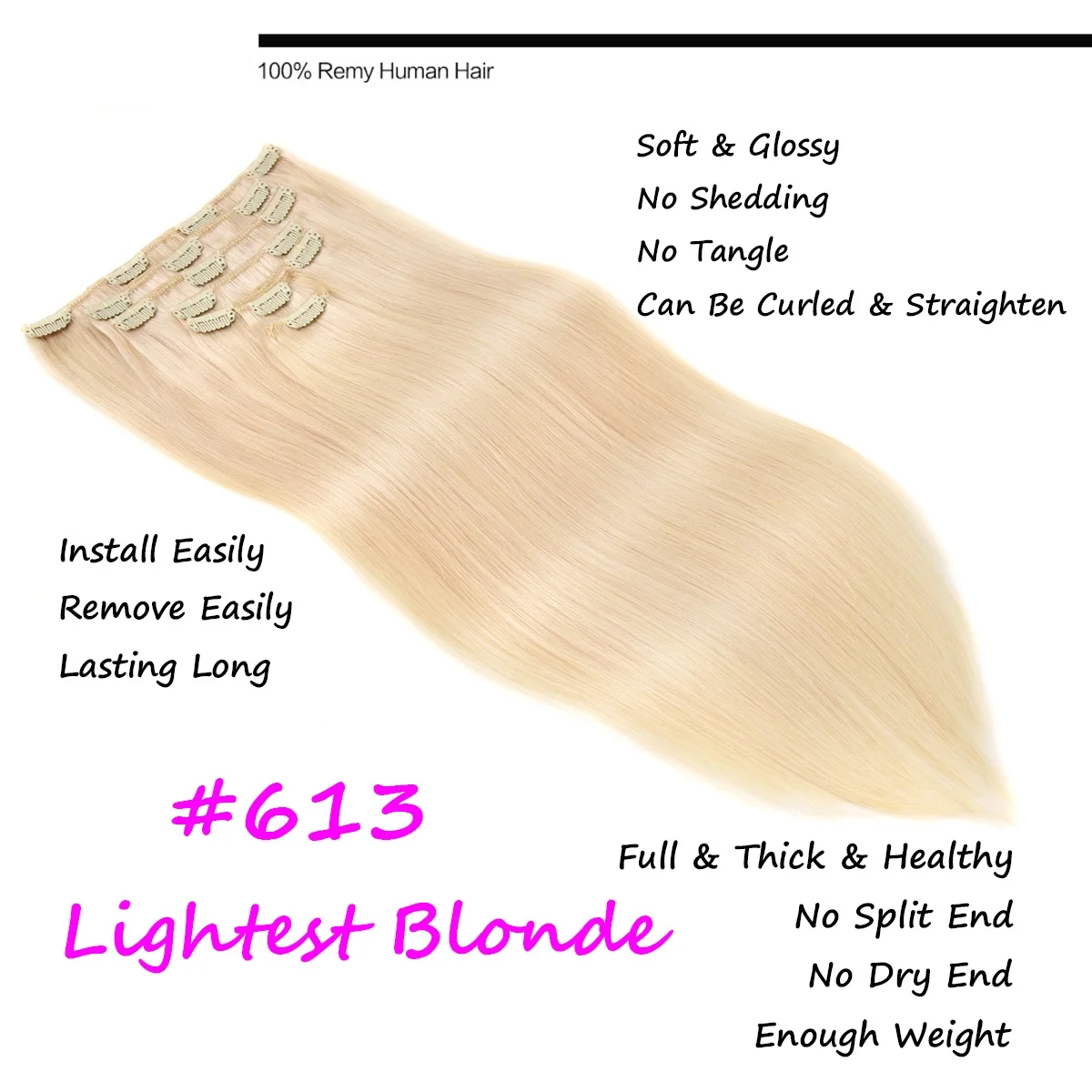 Clip in Real Human Hair Extensions Blonde Human Hair Extensions 7pcs 16 Clips in Straight Blonde #613 Clip Ins extentions