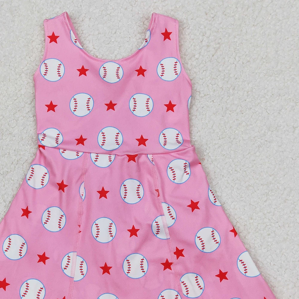 3.17 GSD2135 Baby Girls Dresses Sleeveless Baseball Print Have Under Shorts Kids Summer Clothing
