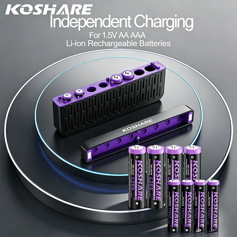 KOSHARE AA AAA Rechargeable Batteries With 8 Slot LED Smart Battery Charger 1.5V High Capacity 4255mWh 1100mWh Lithium Battery 1