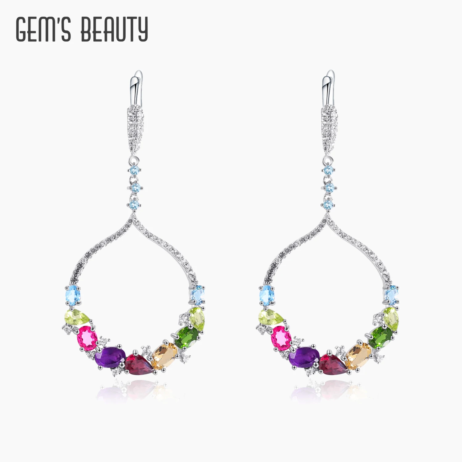 

GEM'S BEAUTY Multi Gemstone Peridot Garnet Topaz Statement Dangle Earrings in Sterling Silver Handmade Huge Circle Earrings