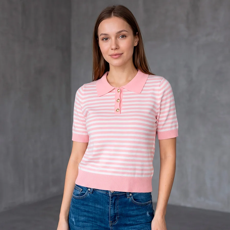 Camisa Polo de Punto con Patrón de Rayas y Botones Dorados Para Dama - Estilo Refinado